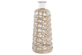 DKD Home Decor Jarrón de Cristal y Mimbre Natural 13x13x30 cm