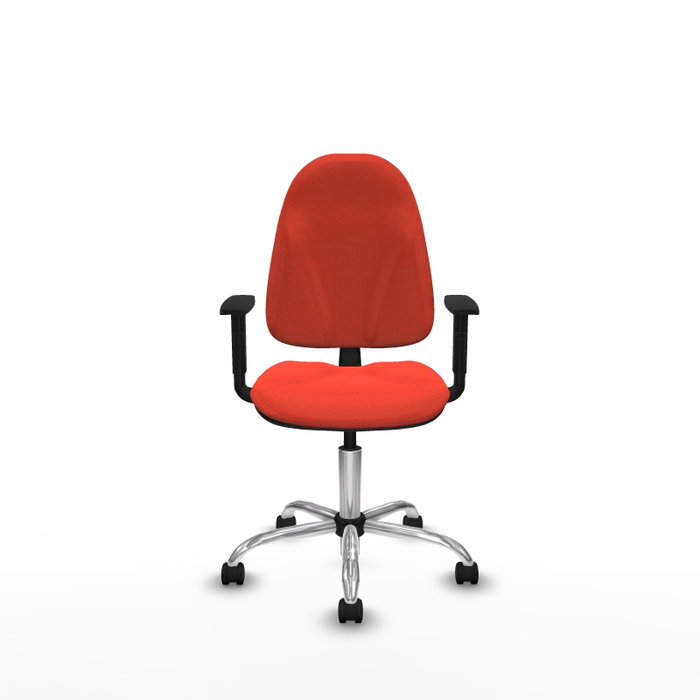 Silla de oficina Algarra con mecanismo Contacto permanente básico tapizada con Tela color Naranja oscuro. Equipada con Base cromada, Brazos 1D y Ruedas de nailon 50 mm