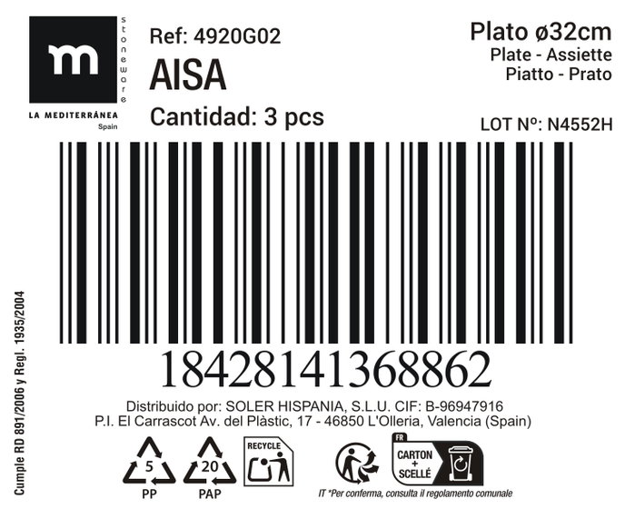La Mediterranea Plato Ø 32 cm modelo Aisa, 6 Unidades de cerámica