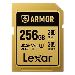 Lexar LSDAMGL256G-RNNNG Tarjeta SDXC Profesional Armor Gold de 256GB UHS-II Clase 10 V60 U3, Velocidad Lectura 280MB/s, Escritura 210MB/s, Carcasa Acero Inoxidable, IP68