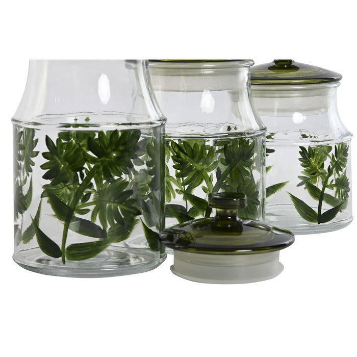 DKD Home Decor Set de 3 Botes de Cristal Botánico Verde