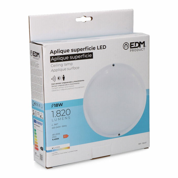 Edm Aplique LED redondo blanco con sensor crepuscular y de movimiento 18W