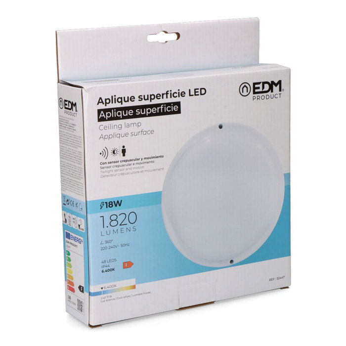 Edm Aplique LED Redondo con Sensor Crepuscular y de Movimiento 18W 1820 lm Luz Fría 6400K IP44