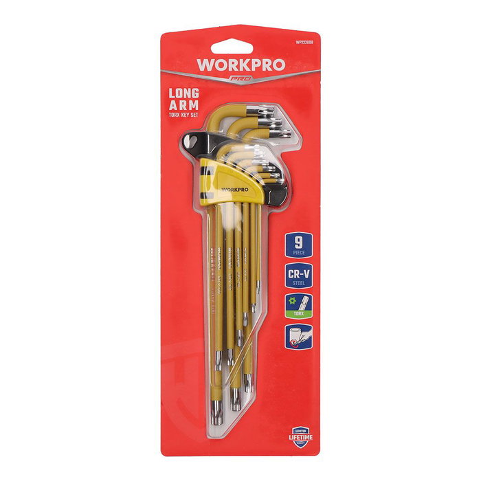 Workpro Juego de 9 Llaves Torx de Seguridad de Brazo Largo T10-T50 Acero Cromo-Vanadio Amarillo