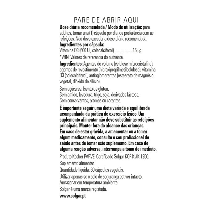 SOLGAR Vitamina D3 600 UI 15 mcg 60 cápsulas vegetales SOLGAR Vitamina D3 600 UI 15 mcg 60 cápsulas vegetales