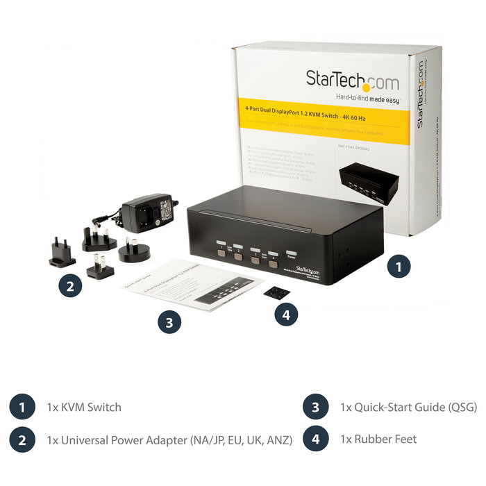 StarTech KVM Switch de 4 Puertos Dual DisplayPort 1.2 - 4K Ultra HD 60Hz a 3840x2160 Pixeles, Switch de Video USB para Control de 4 PCs, Montaje Rack 2U