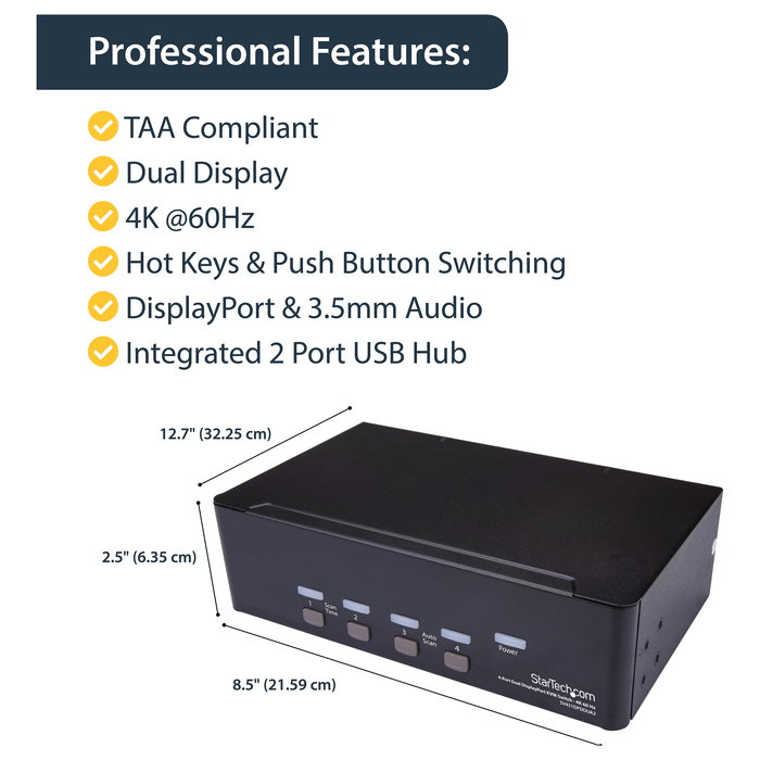 StarTech KVM Switch de 4 Puertos Dual DisplayPort 1.2 - 4K Ultra HD 60Hz a 3840x2160 Pixeles, Switch de Video USB para Control de 4 PCs, Montaje Rack 2U