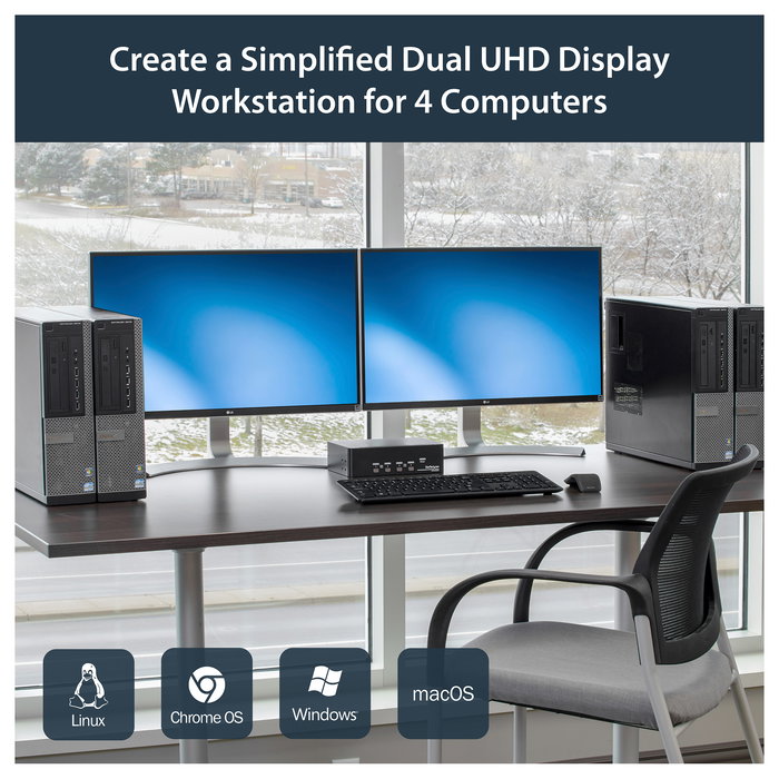 StarTech KVM Switch de 4 Puertos Dual DisplayPort 1.2 - 4K Ultra HD 60Hz a 3840x2160 Pixeles, Switch de Video USB para Control de 4 PCs, Montaje Rack 2U