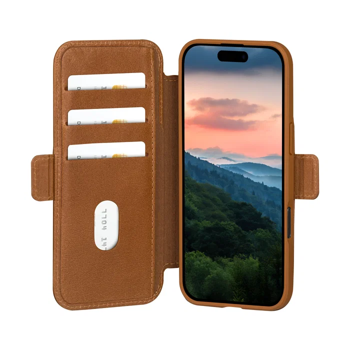 Dbramante1928 Copenhagen - Funda cartera con tapa de cuero de grano entero color bronceado para Apple iPhone 17, con soporte de sobremesa y 3 bolsillos para tarjetas