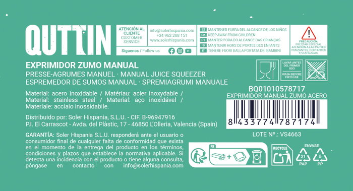 Quttin Exprimidor Manual Zumo Acero