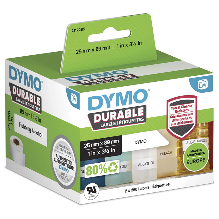 Dymo LW Durable Etiquetas de 25 mm x 89 mm, Blanco, 2 Rollos de 350 unidades