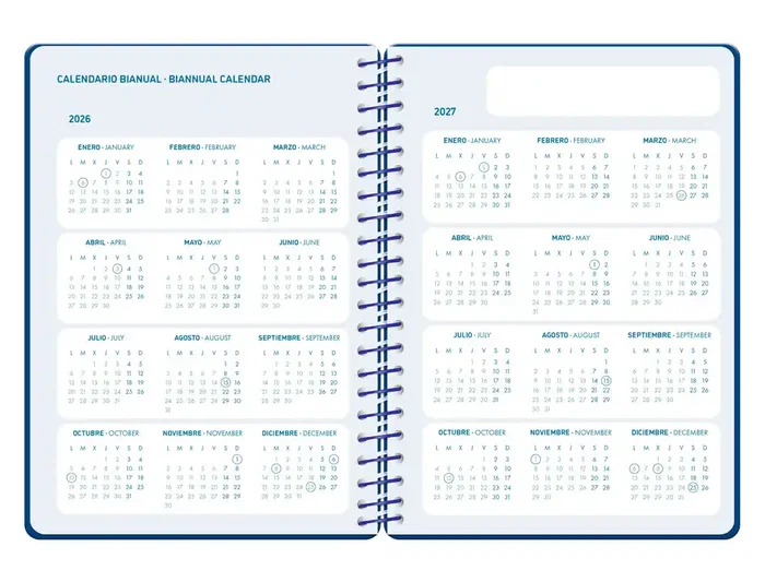 Liderpapel Agenda Escolar 2026-2027 Classic Espiral Semana Vista A5 Bilingüe Papel FSC 70g Azul Marino