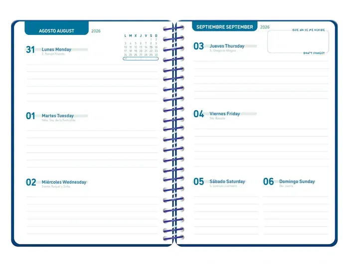 Liderpapel Agenda Escolar 2026-2027 Classic Espiral Semana Vista A5 Bilingüe Papel FSC 70g Azul Marino