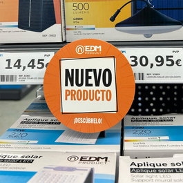 EDM Wobbler Señalización Promocional Circular Ø10 cm con Soporte Flexible, Fondo Naranja Inscripción "Nuevo Producto" para Lineales y Estanterías