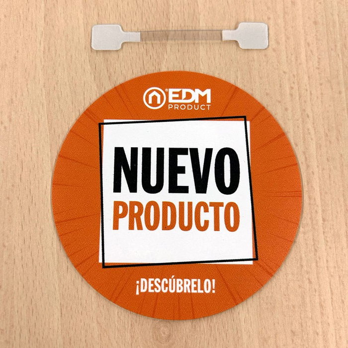 EDM Wobbler Señalización Promocional Circular Ø10 cm con Soporte Flexible, Fondo Naranja Inscripción "Nuevo Producto" para Lineales y Estanterías