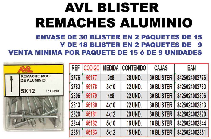 Remaches de aluminio 5x12 mm en blíster Remaches de aluminio 5x12 mm en blíster