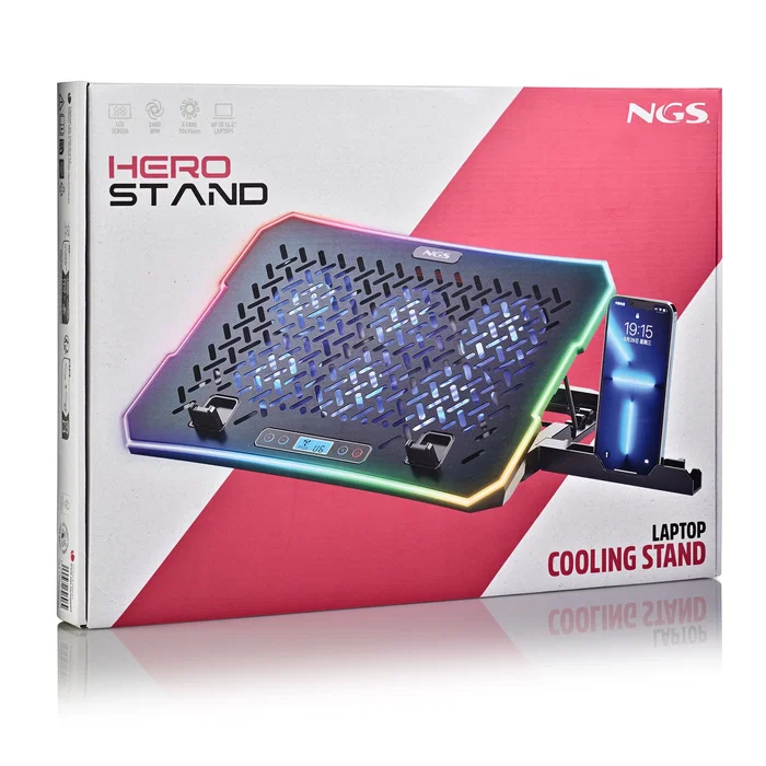 Ngs Base de Refrigeración para Portátil Hero Stand hasta 15.6", 6 Ventiladores LCD 2400 RPM, Ajuste de Altura, Luz RGB, Soporte para Smartphone, Negro