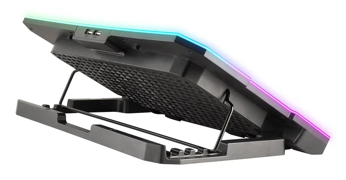 Ngs Base de Refrigeración para Portátil Hero Stand hasta 15.6", 6 Ventiladores LCD 2400 RPM, Ajuste de Altura, Luz RGB, Soporte para Smartphone, Negro