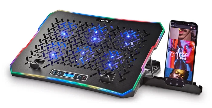 Ngs Base de Refrigeración para Portátil Hero Stand hasta 15.6", 6 Ventiladores LCD 2400 RPM, Ajuste de Altura, Luz RGB, Soporte para Smartphone, Negro