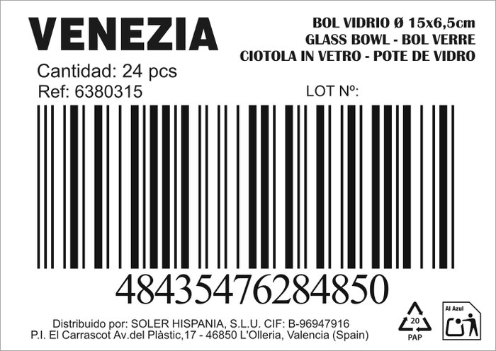 Inde Bol Venezia de Vidrio Ø 15 cm (24 Unidades) lifetstyle brand name pack quantity variant info
