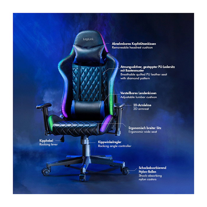 LogiLink Silla Gaming con Soporte Lumbar y Luces RGB, Negro/Azul LogiLink Silla Gaming con Soporte Lumbar y Luces RGB, Negro/Azul
