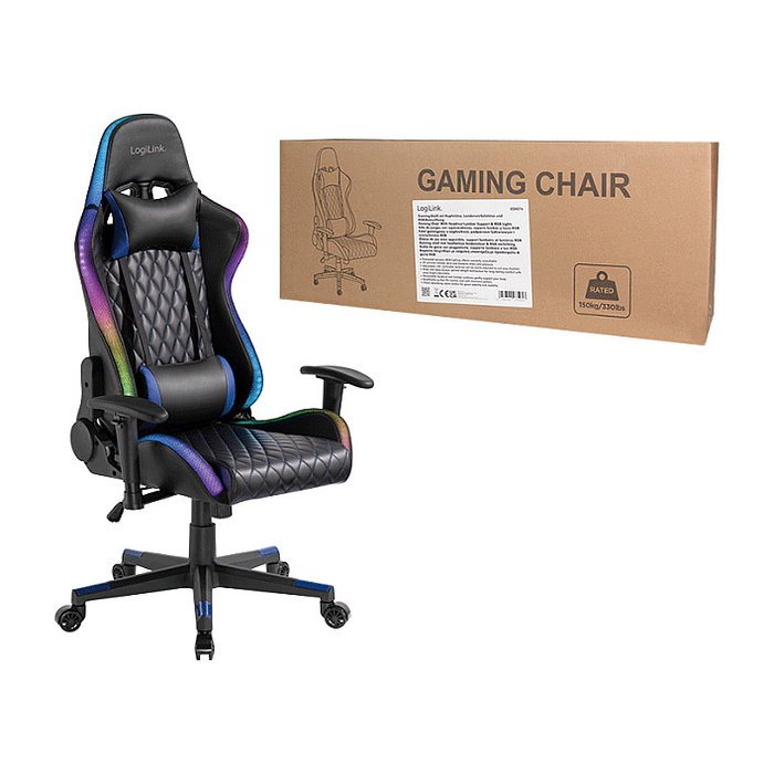 LogiLink Silla Gaming con Soporte Lumbar y Luces RGB, Negro/Azul LogiLink Silla Gaming con Soporte Lumbar y Luces RGB, Negro/Azul