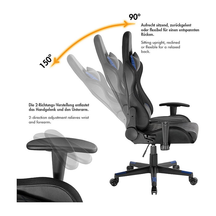 LogiLink Silla Gaming con Soporte Lumbar y Luces RGB, Negro/Azul LogiLink Silla Gaming con Soporte Lumbar y Luces RGB, Negro/Azul
