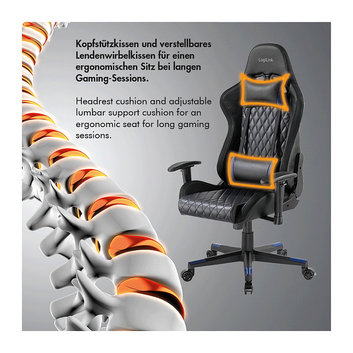 LogiLink Silla Gaming con Soporte Lumbar y Luces RGB, Negro/Azul LogiLink Silla Gaming con Soporte Lumbar y Luces RGB, Negro/Azul