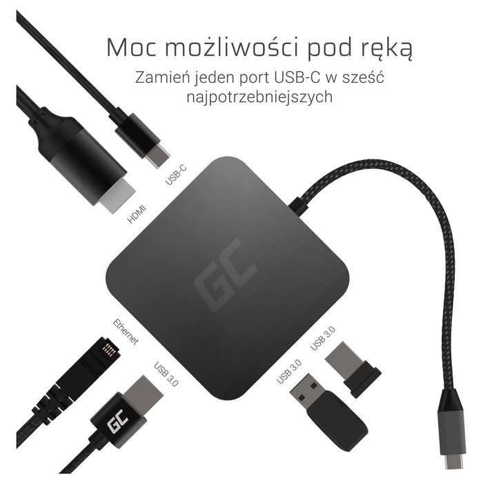 Green Cell AK61 Hub USB-C 6 Puertos 3xUSB 3.0, 1xUSB-C, HDMI, Gigabit LAN, Plata, Aluminio, 87W Power Delivery