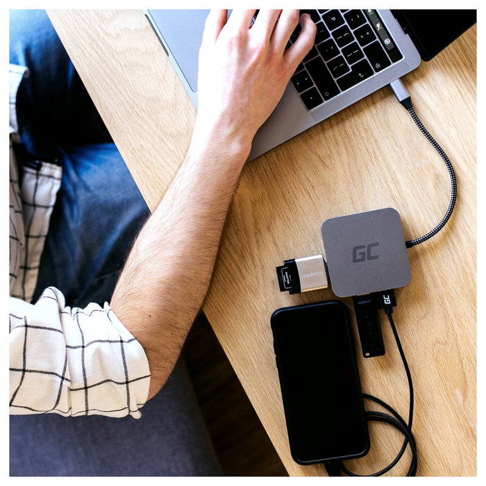 Green Cell AK61 Hub USB-C 6 Puertos 3xUSB 3.0, 1xUSB-C, HDMI, Gigabit LAN, Plata, Aluminio, 87W Power Delivery