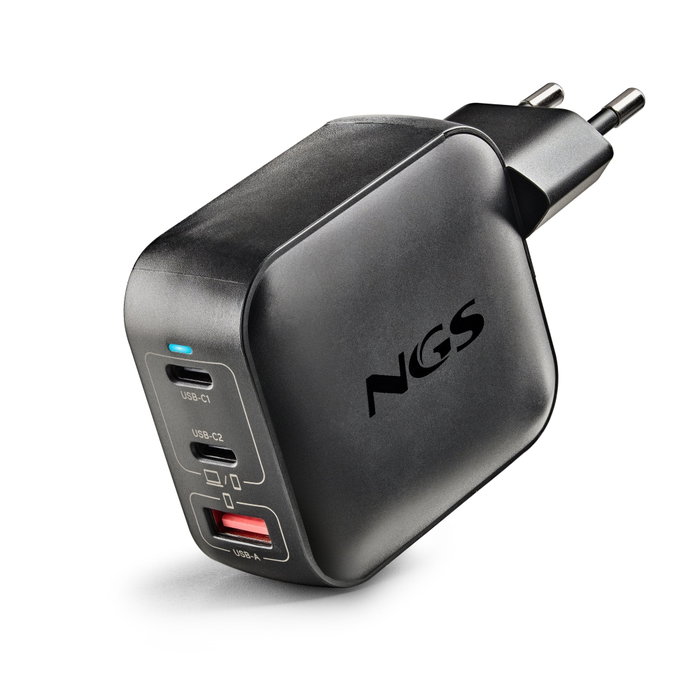 NGS Cargador de Pared GaN BUD 100W TINY Negro con 2 USB-C y 1 USB-A