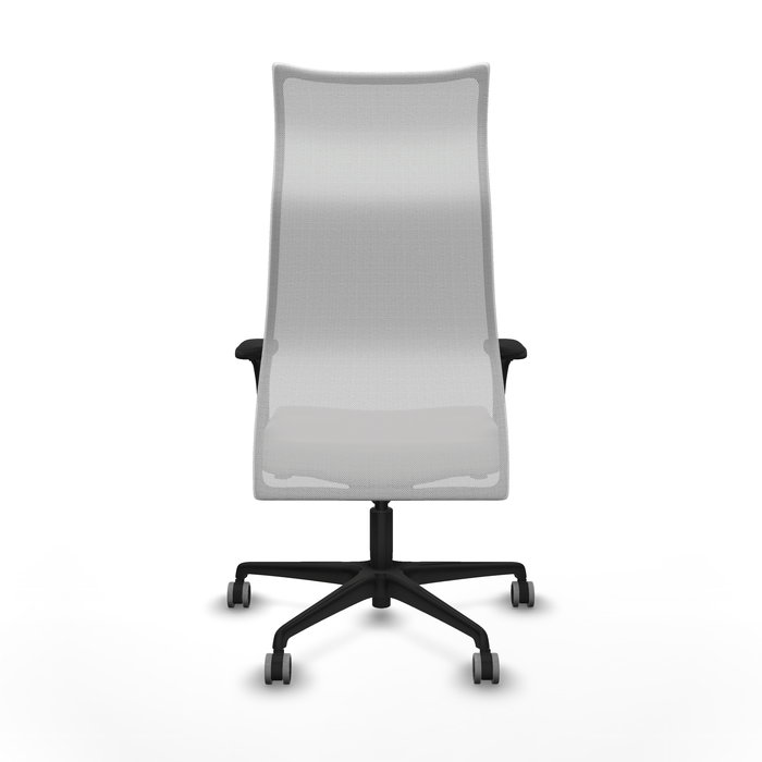 Sillón Albacete con mecanismo Sincro tapizada con Similpiel color Blanco. Equipado con Base nailon negra, Brazos 1D y Ruedas 65 mm parqué