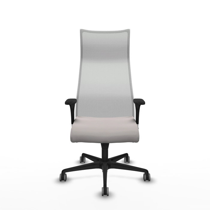 Sillón Albacete con mecanismo Sincro tapizada con Similpiel color Blanco. Equipado con Base nailon negra, Brazos 1D y Ruedas 65 mm parqué