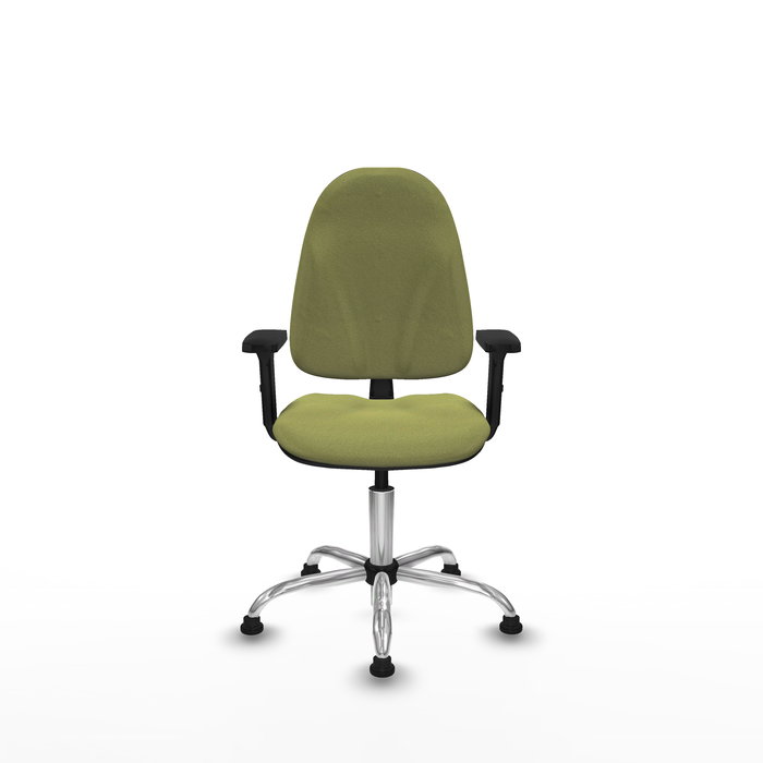Silla de oficina Algarra con mecanismo Contacto permanente básico tapizada con Tela color Verde oliva. Equipada con Base cromada, Brazos 2Dy Topes