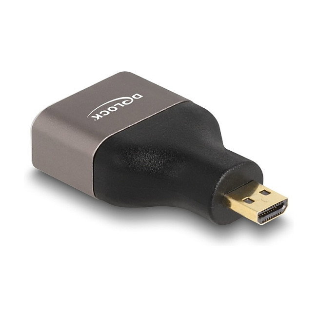 DeLOCK Adaptador HDMI Micro-D Macho a HDMI Hembra 8K 60 Hz, Color Gris Metal, Resolución 7680x4320