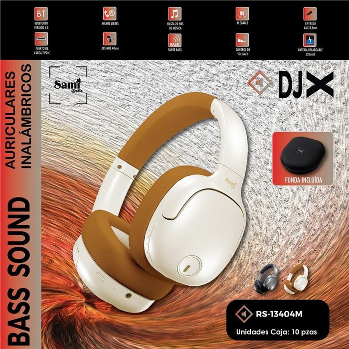 SAMI DJX Auriculares Bluetooth Plegables, Color Marrón/Beige, Incluye Funda y Cable Auxiliar