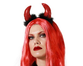 Diadema de Disfraz con Cuernos Rojos Brillantes y Flecos Negros para Halloween - Personajes Demonios y Brujas
