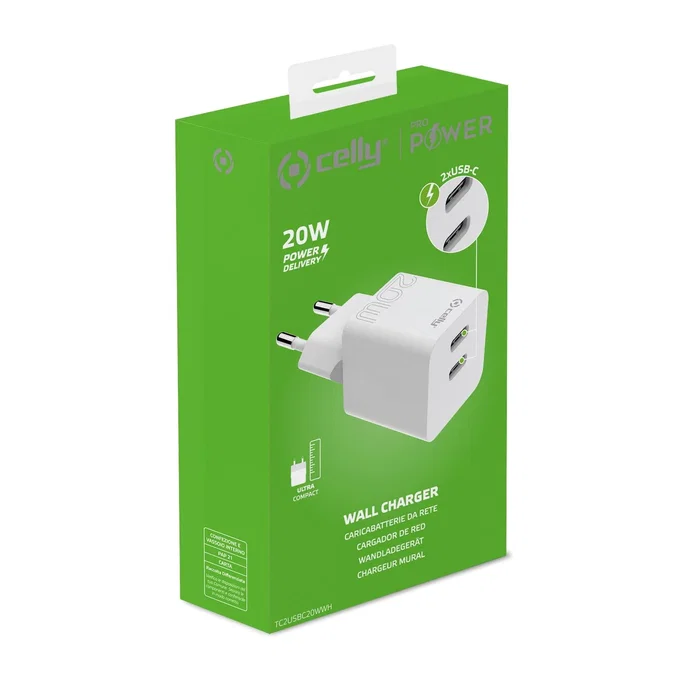 Celly TC2USBC20WWH Cargador de Pared USB-C 20W, 2 Puertos, Blanco, para Smartphone y Tableta