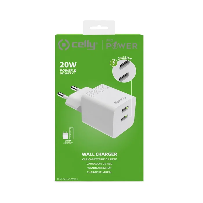 Celly TC2USBC20WWH Cargador de Pared USB-C 20W, 2 Puertos, Blanco, para Smartphone y Tableta