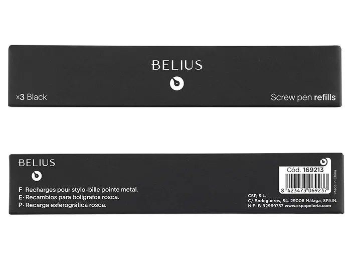 Belius Recambio Bolígrafo con Rosca Negro Caja 3 Unidades Punta M 1mm Tinta Negra Made in Germany