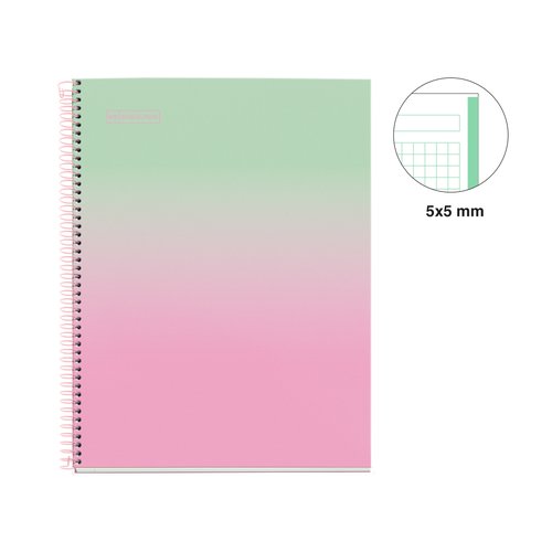 Miquelrius Cuaderno Espiral Gradient DIN A4 80 Hojas Cuadriculado 5 mm Rosa y Verde Menta