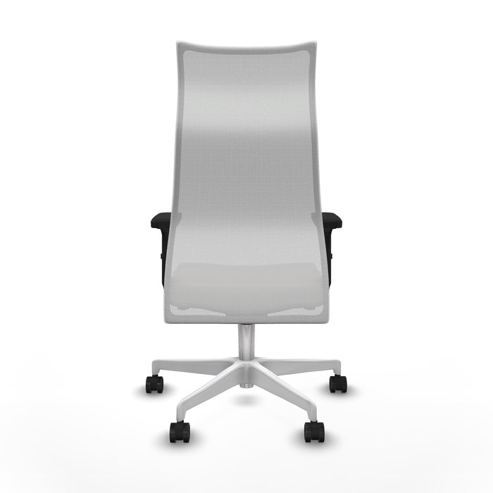 Sillón Albacete con mecanismo Sincro tapizada con Similpiel color Blanco. Equipado con Base poliamida blanca, Brazos 2D y Ruedas 65mm nailon