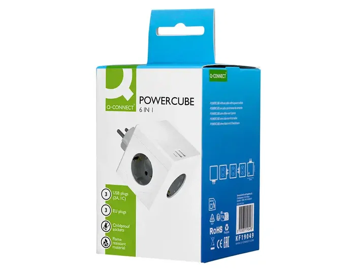 Q-Connect Power Cube 6 en 1 Regleta de Cubo con 3 Tomas, 2 USB y 1 USB-C