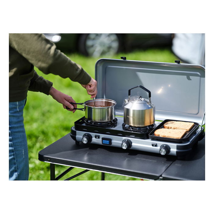 CAMPINGAZ Camping Kitchen 2 MULTI COOK - Hornillo plegable 2 zonas con capa antiadherente, Butano/Propano, 5.4 kg, Negro/Acero