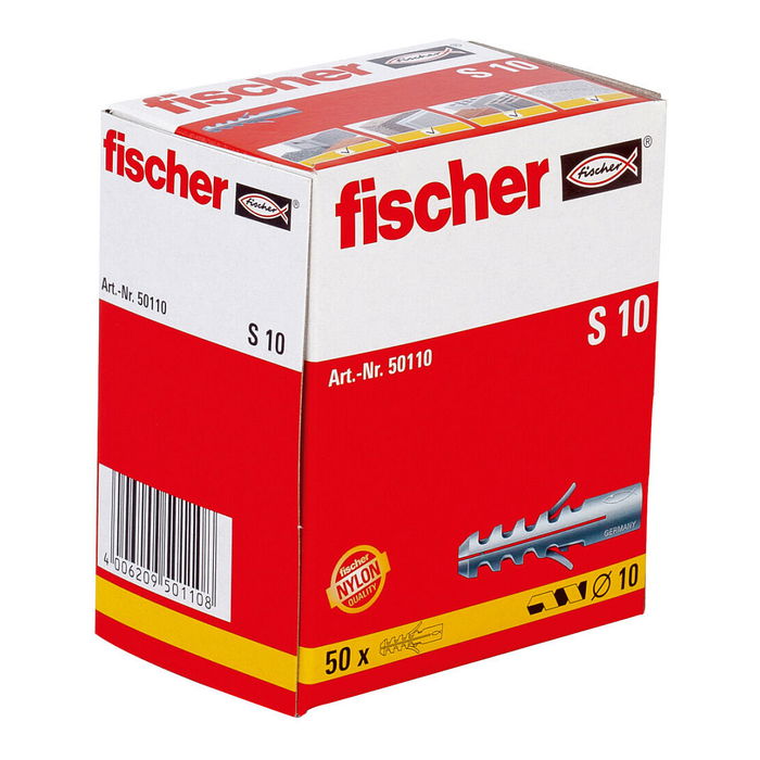 Fischer S 10 Taco de Anclaje de Pared - 50 mm, para Ladrillo y Concreto, Paquete de 50 Piezas, Diámetro Taladro 10 mm, Ref. 50110