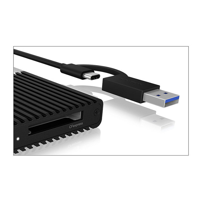 ICY BOX IB-CR404-C31 Lector de tarjetas CFexpress USB 3.2 Gen 2 Tipo B, CFast 2.0, Aluminio, 10000 Mbit/s, Negro, Plug and Play, para Windows, macOS, ChromeOS
