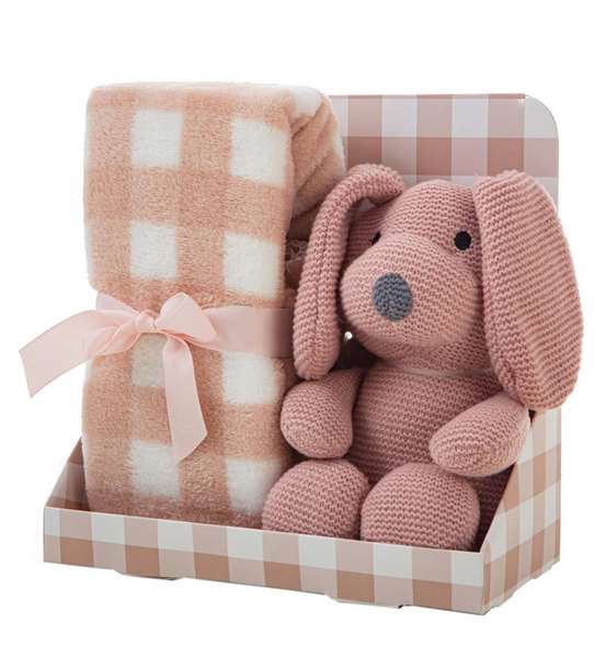 Creaciones Llopis Set de Caja, Manta y Peluche - Manta de Cuadros 90x75 cm Rosa Palo con Perro de Peluche de 26 cm