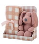 Creaciones Llopis Set de Caja, Manta y Peluche - Manta de Cuadros 90x75 cm Rosa Palo con Perro de Peluche de 26 cm