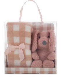 Creaciones Llopis Set de Caja, Manta y Peluche - Manta de Cuadros 90x75 cm Rosa Palo con Perro de Peluche de 26 cm