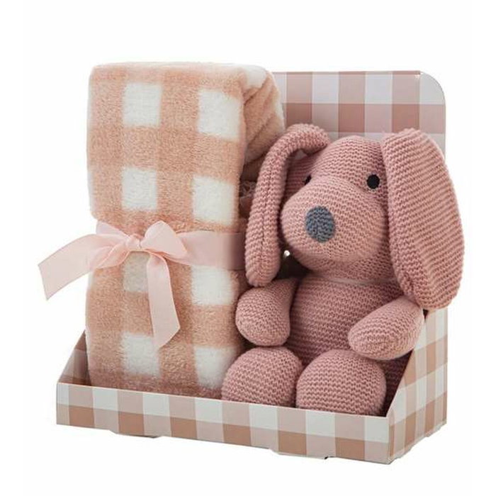 Creaciones Llopis Set Manta Cuadros Rosa Palo y Perro Peluche